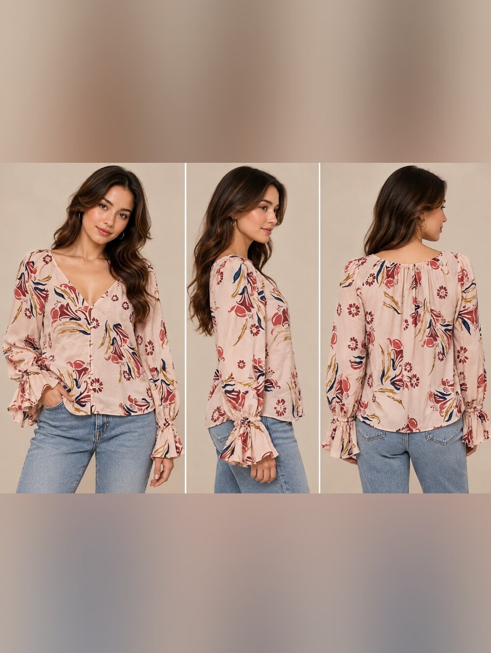 Joie Blush Floral Peasant Blouse with Ruffle Cuffs